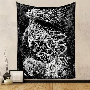 Gothic Dark Art Tapestry Black White Skull Dead Trees Polyester Wall Hanging Aesthetic Room Decor