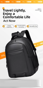 Detail view of large capacity black business backpack with padded straps and zippers