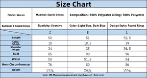 Size chart detail for denim leopard vest with measurements in CM for sizes S to L