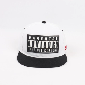 Close-up of black and white snapback hat with Parental Advisory patch and side red label