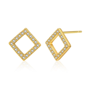 Elegant 18K gold-plated geometric square hollow stud earrings with sparkling crystals