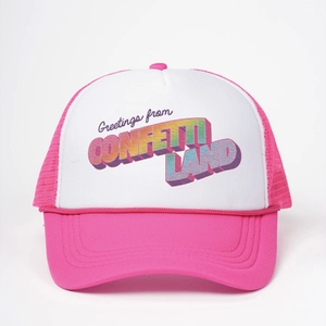 Pink and white mesh trucker hat featuring Greetings from CONFETTI LAND gradient print