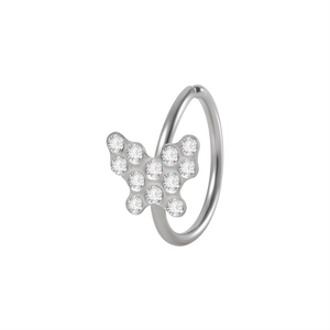 Silver butterfly nose ring with Czech crystal inlay and stainless steel open hoop design
