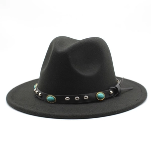 Wide Flat Brim Fedora Hat Felt Jazz Cap With Turquoise Studded Leather Belt Bohemian Vintage Western Style