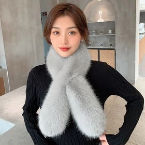 Plush light grey faux fox fur cross scarf for women, thick winter neck warmer with soft texture