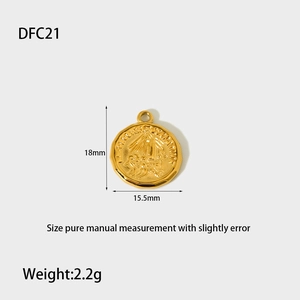 Detail view of 18mm gold plated stainless steel coin pendant with portrait relief