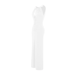 Detail of the elegant white pleated maxi dress showing side ruching and slim fit design