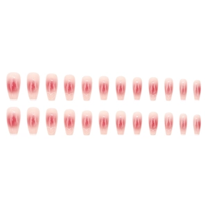 24 faux ongles dégradés rose blush avec motifs de cœur et forme de ballerine longue