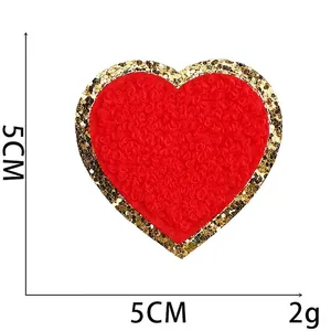 Red heart chenille patch with gold glitter borders for DIY clothing decoration 5x5cm
