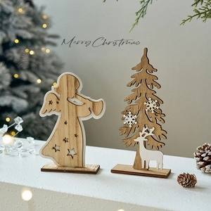 Wooden Christmas tree and angel tabletop ornaments with Merry Christmas lettering