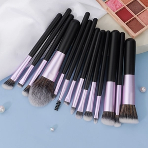 Set professionale di 14 pennelli da trucco con setole morbide e ghiere in metallo viola