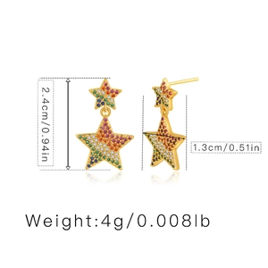 Detailed size specifications for gold star earrings featuring colorful zircon stones