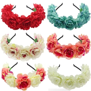 Set of six colorful bohemian floral headbands with artificial silk rose flowers for women