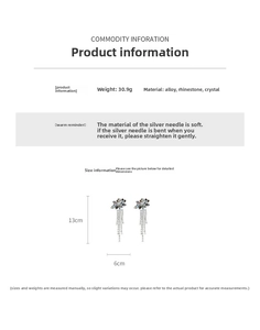 Detailed size chart for silver tassel earrings with crystal flower and 13cm length