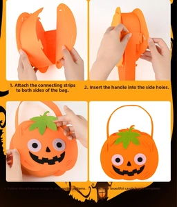Step-by-step DIY assembly guide for orange felt pumpkin Halloween candy bags for kids