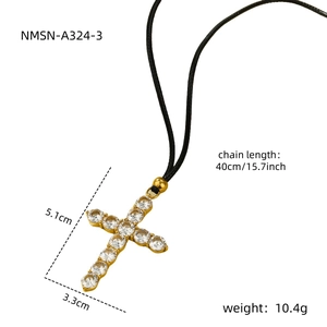 18K gold plated stainless steel cross pendant with zircon stones on wax rope chain