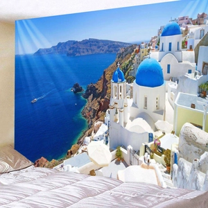 Detail of Santorini tapestry with blue dome and Aegean Sea for room decoration