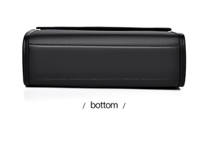 Detailed bottom view of black cross body bag with textured lychee pattern leather