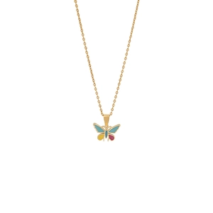 Collier en acier doré avec pendentif papillon en émail coloré sur fond blanc pur