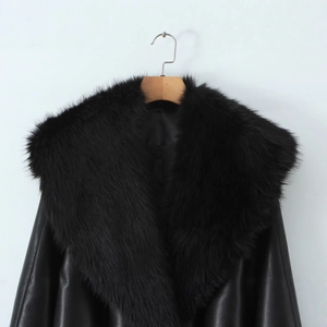 Women's black PU leather jacket with luxury faux fur collar and waist-cinching fit
