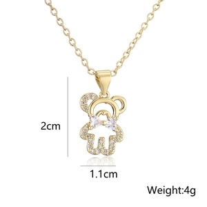 Gold plated teddy bear necklace with heart zircon and crystal pavé 2cm x 1.1cm pendant