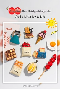 Detail view of various 3D food magnets including a toaster, bread basket, and eggs