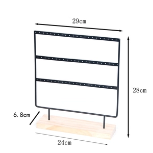 Three-tier black metal earring stand with wood base and precise size markings