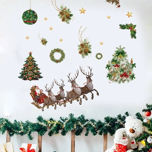 Detail showing Santa Claus sleigh, Christmas tree and stars wall decal set for room decor