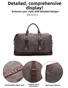 Detail view of canvas travel bag featuring leather handles and wear-resistant bottom studs