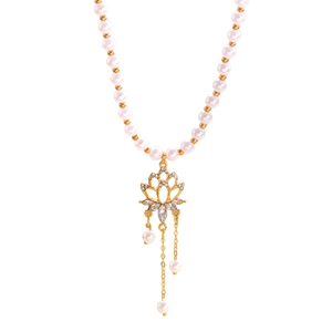Retro lotus pearl necklace detail, vintage gold choker pendant with delicate hanging chains.