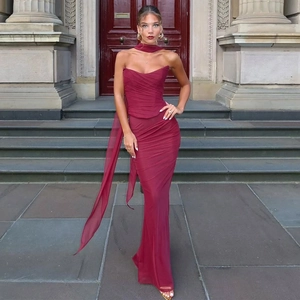 Women Ruched Mesh Tube Top And Bodycon High Waist Long Skirt With Matching Scarf Halter Neck Sexy Party Evening Wear