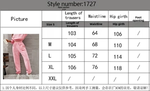 Detailed size chart for women hoodie and pants set showing S to XL measurements and fit guide