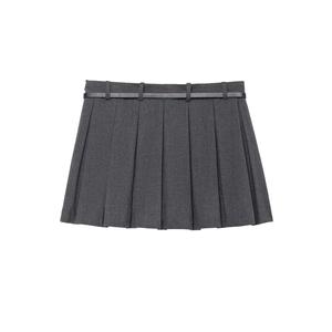 Dark grey pleated mini skirt with black belt in high-quality woven fabric for women