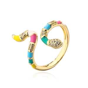 Detailed macro view of gold plated snake ring featuring colorful enamel and zircon stones