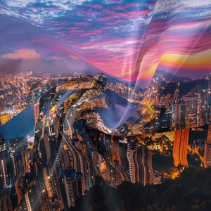 Detailed close-up showing the smooth texture and drape of a city sunset tapestry fabric