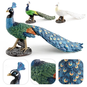 Lifelike peacock animal figurines set in blue green and white with realistic feather textures