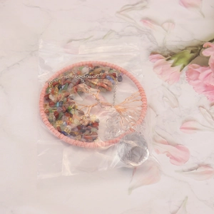 Pink Tree of Life dreamcatcher pendant with natural stones and clear crystal ball detail