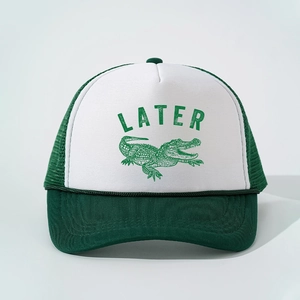 Retro trucker hat in green and white with a crocodile print and Later text