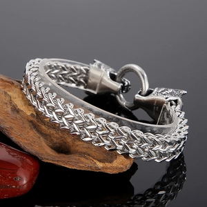 Detail of 316L stainless steel chain with intricately engraved wolf head clasp design