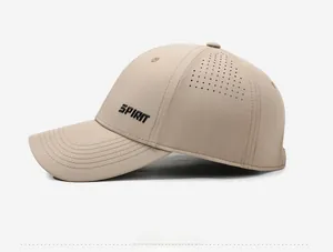 Detail view of khaki quick-dry baseball cap featuring laser-cut ventilation and SPIRIT text