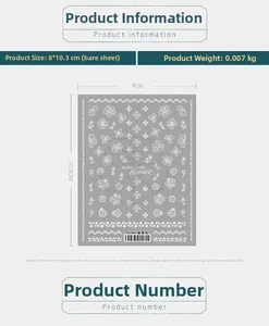 Detail view of thin self-adhesive nail stickers with simple white flower pattern and specs