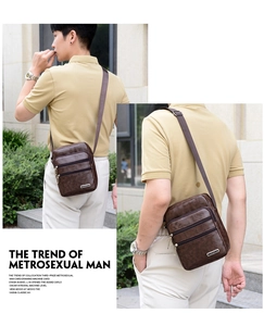 Men's brown PU leather crossbody bag featuring multiple zipper pockets and metal logo