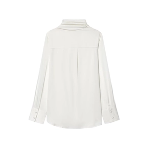Detail of white satin shirt back view with elegant long sleeves and buttoned wide cuffs