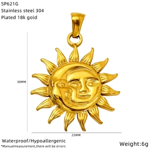 Macro view of 30x25mm tarot sun and moon pendant in 18k gold plated stainless steel