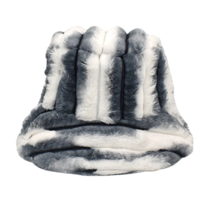 Close-up of thick plush texture and grey striped pattern on this winter bucket hat