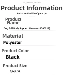 Polyester full body support harness for dogs, available in sizes S to XL, black color