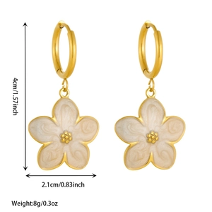 18K gold plated stainless steel cherry blossom earrings with white enamel petals