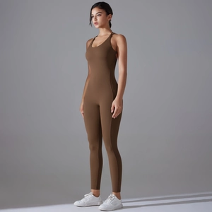 Side view of coffee brown seamless backless yoga bodysuit with high stretch fabric