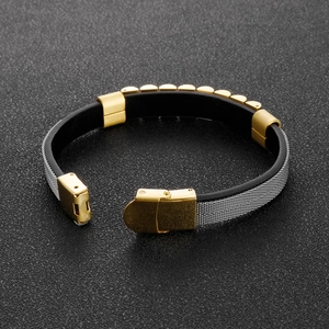 Mens hip hop gold and silver stainless steel watch strap bracelet with black leather lining