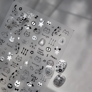 Nail Art Stickers Graffiti Cartoon Black Cat Dog Stars Music Metallic Embossed DIY Manicure Adhesive Decals